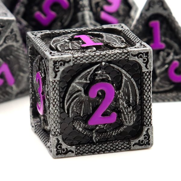 Haxtec Metal DND Dice Set Black Purple Dragon Pattern D&D Dice Set with Leather Dice Bag Metal Polyhedral Dice for Dungeons and Dragons TTRPG Gifts