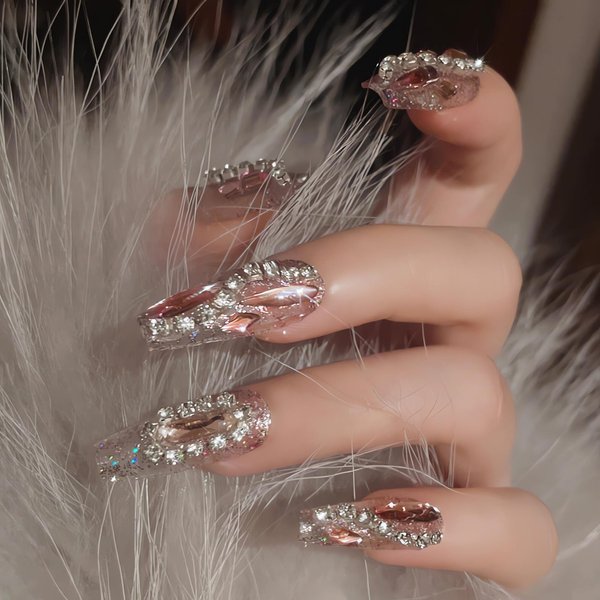 IMSOHOT Long Press on Nails Coffin Glitter Fake Nails Shiny Pink Rhinestone Full Cover False Nails Glue on Nails Luxury Ballerina Artificial Acrylic Nails for Women 24Pcs