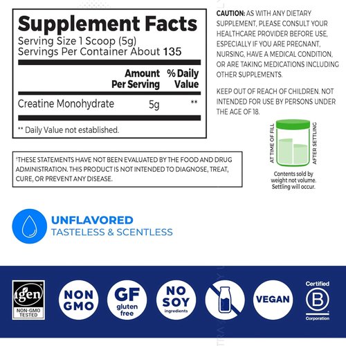 O̲rgains Creatine Monohydrate Micronized Powder, Unflavored, Supports Muscle Growth, Post Workout Recovery and Brain Health, No Artificial Additives, Non-GMO, 135 Servings, 23.8 Oz