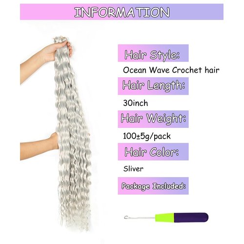 Cypsin Sliver Curly Crochet Hair 30Inch 2 Packs Deep Wave Crochet Hair with Crochet Hook, Long Ocean Wave Braiding Hair for Women, Synthetic Hair Curly Braiding Hair Extensions