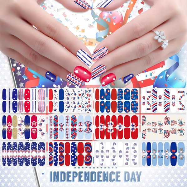 JERCLITY 168 Pieces 12 Sheets Independence Day Nail Wraps for Short Nails 4th of July Nail Polish Strips Patriotic American Flag Nail Strips Self-Adhesive Nail Stickers for Memorial Day