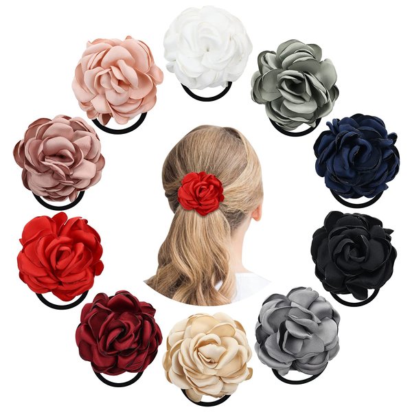Cinaci 10 Pack Solid 4" Handmade Rose Flower Stretchy Rubber Elastics Hair Ties Ropes Hair Bands Headbands Rings Scrunchies Ponytail Holders Hair Accessories for Women Girls