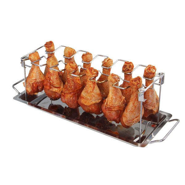 Chicken Wing Leg Rack BBQ Chicken Drumsticks Rack Stainless Steel Hang Up to 12 Chicken Legs or Wings, Metal Roaster Stand with Drip Tray for Kamado Joe Big Size Green Egg, Smoker Grill or Oven