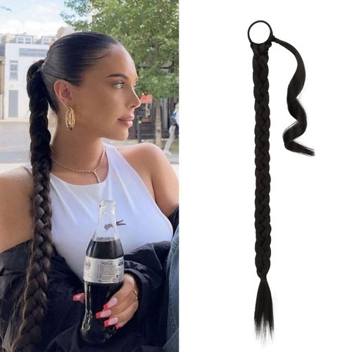 BARSDAR 26 Inch Long Braided Ponytail Extension with Hair Tie Straight Wrap Around Hair Extensions Pony Tail DIY Natural Soft Synthetic Hair Piece for Women -Natural Black