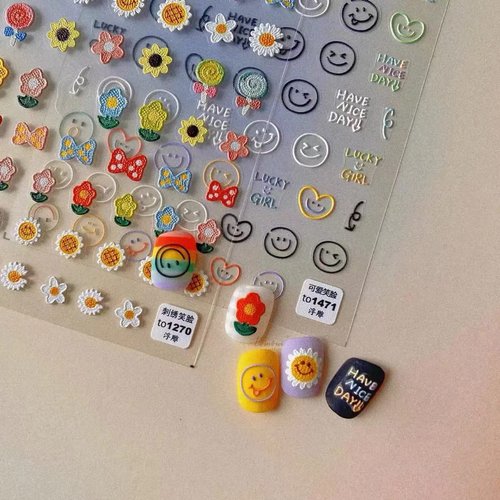 Sunflower Nail Art Stickers Candy Color Cartoon Smiling Face Sun Flower Colorful Flower Self-Adhesive Nail Stickers Cute Cartoon Dinosaur Nail Art Stickers for Nail Art Decoration (3 Sheets)