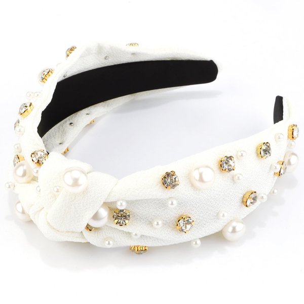 VELSCRUN White Headband Pearl Knotted Headbands for Women Girls White Pearl Rhinestone Crystal Hair Band Top Knot Wide Head Band Holiday Headband Gifts for Mothers Sisters Hair Accessories