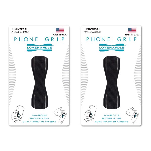 LoveHandle Universal Grip for Most Smartphones, Mini Tablets and Cases, Black Elastic Strap with Black Base, Pack of 2, LH-01-2PackBlack