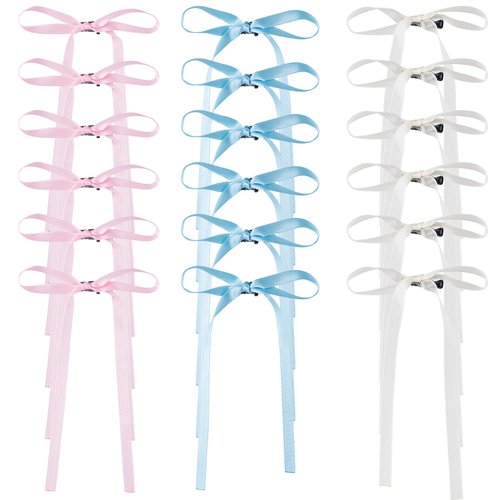 HINZIC 18Pcs 3.93inch Pink Bow Hair Clips White Blue Bows Barrettes with Long Ribbons Grils Valentines Birthday Wedding Prom Hair Accessories for Teens Women Girls Thin Hair