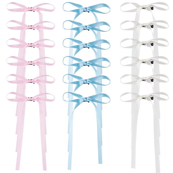 HINZIC 18Pcs 3.93inch Pink Bow Hair Clips White Blue Bows Barrettes with Long Ribbons Grils Valentines Birthday Wedding Prom Hair Accessories for Teens Women Girls Thin Hair