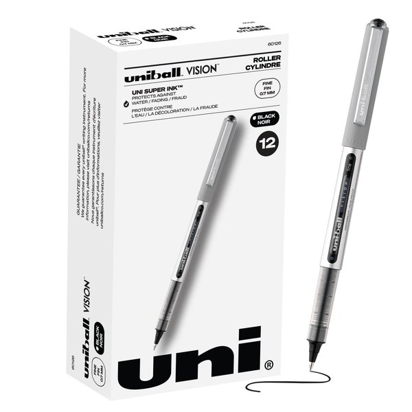 Uniball Vision Rollerball Pens, Black Pens Pack of 12 - 0.7mm Fine Point Medium Black Ink - Teacher Pen, Japanese Pens, Smooth Writing Pens, Journaling Pens, School & Office Supplies