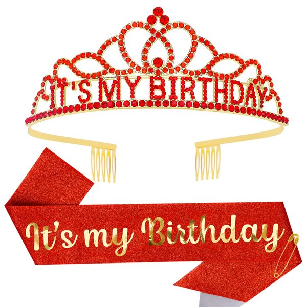 Araluky Red Birthday Crown Adult Woman & Its My Birthday Sash Happy Birthday Tiara Birthday Headband Birthday Hat Birthday Girl Crown for Women Party Favors Gift