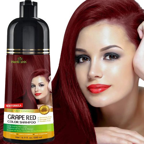 Herbishh Hair Color Shampoo (Grape Red) - Magic Hair Dye for Gray Hair - Ammonia-Free, 3-in-1 Shampoo Conditioner - Lasts 2-3 Weeks, 500 ml