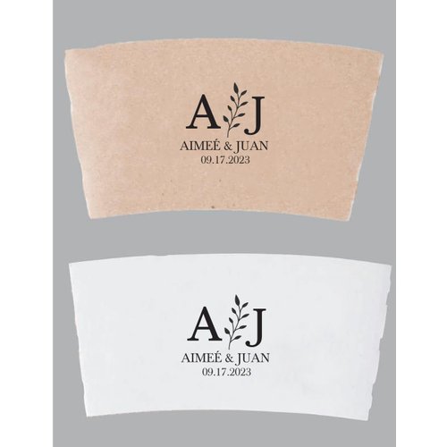 Initial Foliage Coffee or Hot Chocolate Sleeve, Personalized for Weddings, Anniversary, Engagement Parties, Kraft Paper Cup Sleeves, Eco-Friendly Disposable Corrugated Sleeves for 12oz to 20oz Cups