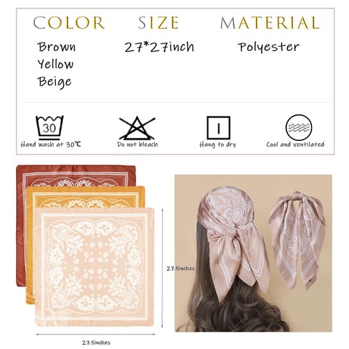 3Pcs Boho Silk Scarf for Women Hair Bandana Satin Head Scarf Retro Silk Bandanas Hair Scarf Hair Wrap for Women Girls