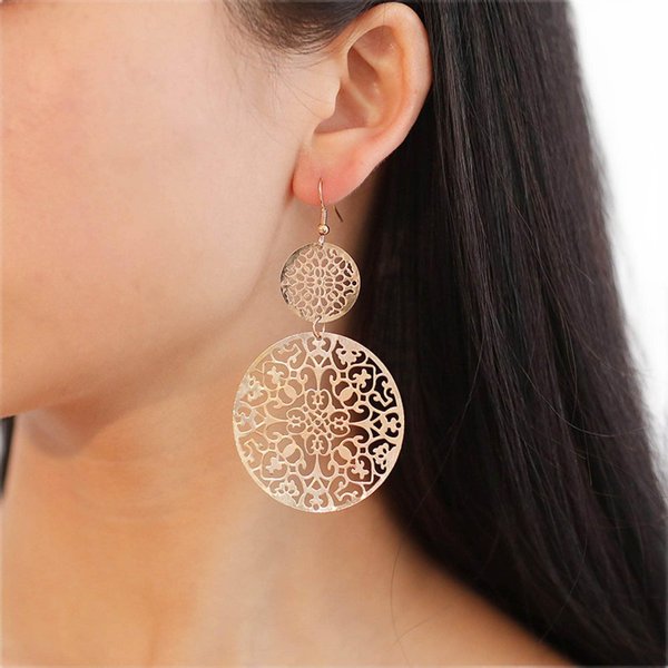 YienDoo Filigree Hollow Disc Dangle Drop Earrings Boho Gold Ethnic Carved Flower Earrings Double Round Disc Drop Earrings Statement Hook Earrings Wedding Bridesmaid Jewelry for Women and Girls
