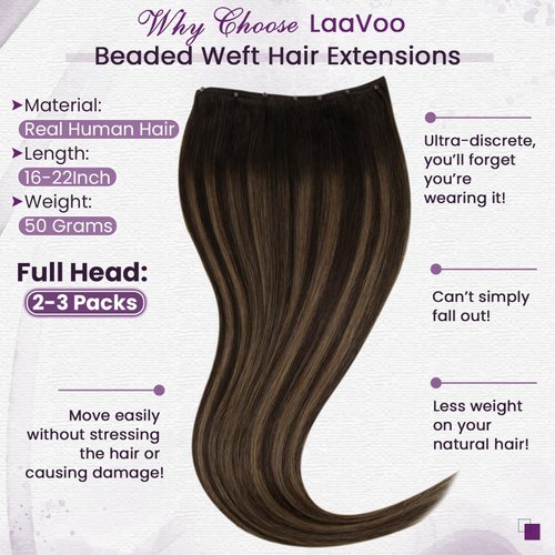 LaaVoo Micro Beaded Weft Hair Extensions Real Human Hair Balayage Darkest Brown Ombre Light Brown MicroBead Weft Hair Extensions Silky Straight Easy Weft Extensions Human Hair 16 Inch 50g
