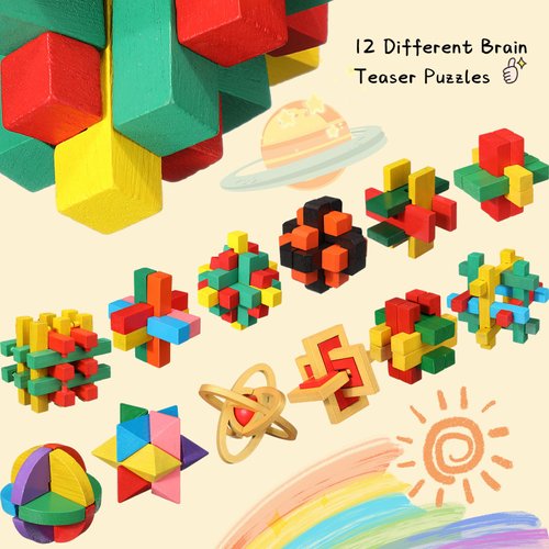 Syhood 12 Pcs Wooden Brain Teaser Puzzles 3D IQ Challenge Puzzle Toy Games Logic Mind Smart Puzzle Box Lock Toy Brain Teaser Intellectual Removing Assembling Puzzle Gift Set for Adults Teenagers