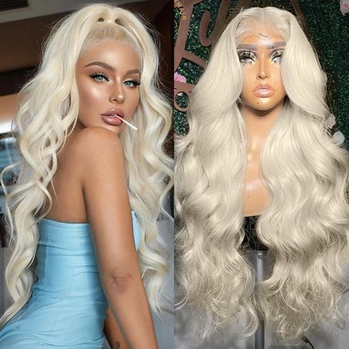 ANDRIA13x6 Platinum Blonde Lace Front Wigs Long Body Wave Glueless Natural Wave Transparent lace Wig Synthetic Heat Resistant Fiber Hair Wig Pre Plucked With Baby Hair For Women 24 Inch