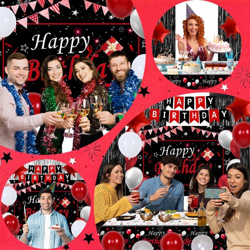Red and Black Party Decorations for Women Men Boys Girls, Black and Red Birthday Decorations with Happy Birthday Banner Backdrop Tablecloth Red Star Balloons Black Fringe Curtains Party Supplies