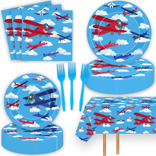 51 Pcs Airplane Party Supplies Airplane Aircraft Disposable Paper Dinner Plates Napkins Forks Table Cloth Dinnerware for Aviation Theme Boys Baby Shower 1st 2nd 3rd 4th Bday Party Decorations
