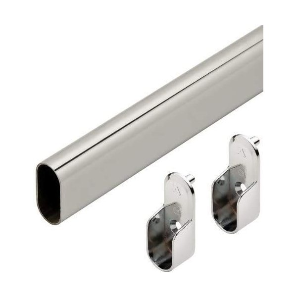 Oval Wardrobe Tube Polished Chrome Closet Rod W/End Supports, Welded Steel, 1.0mm Thick Chrome-Plated (1, 18")