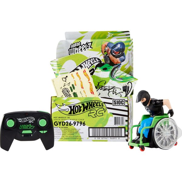 Hot Wheels RC Aaron Wheelz Wheelie Chair, Remote-Control Wheelchair with Motocross Aaron "Wheelz" Fotheringham Figure
