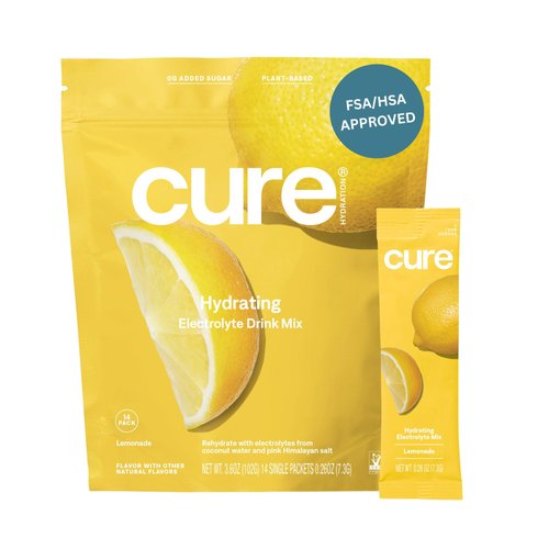 Cure Hydrating Plant Based Electrolyte Mix | FSA & HSA Eligible | Powder for Dehydration Relief | Made with Coconut Water | Non-GMO | No Added Sugar | Vegan | Paleo | Pouch of 14 Packets - Lemonade
