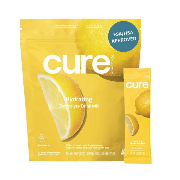 Cure Hydrating Plant Based Electrolyte Mix | FSA & HSA Eligible | Powder for Dehydration Relief | Made with Coconut Water | Non-GMO | No Added Sugar | Vegan | Paleo | Pouch of 14 Packets - Lemonade