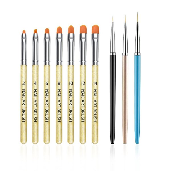 FULINJOY 10Pcs Gel Nail Brush Set, 7Pcs UV Gel Nail Painting Brushes with 3Pcs Nail Art Liner Brushes, Nail Art Brush Nail Painting Brush Pen Set for Acrylic Application