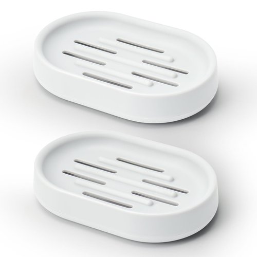 Topsky 2 Pack Soap Dish for Shower, Sink, Bathtub, Oval Plastic White Soap Bar Holder with Drain, Easy to Clean, Durable