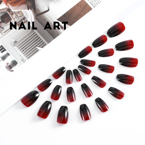 Funyrich Black Press on Nails Long Coffin Full Cover Fake Nails Glossy Ombre Artificial False Nail for Women and Girls (24Pcs)