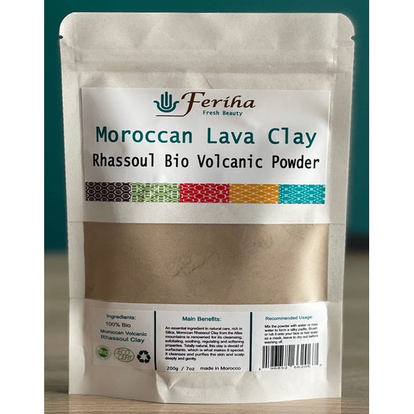FERIHA Moroccan Rhassoul Bio Clay Powder, Organic Facial Body & Hair Mask. Fight Acne, Cleanse Impurities, & Improve Skin Elasticity.