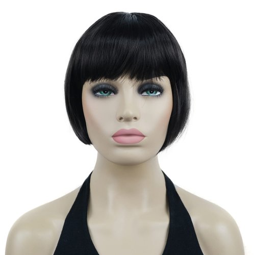 Lydell 6" Straight Short Bob Hair Flat Bangs Cute Central Dot Skin Top Heat Resistant Synthetic Wigs (Dark Brown)