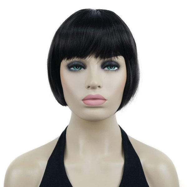 Lydell 6" Straight Short Bob Hair Flat Bangs Cute Central Dot Skin Top Heat Resistant Synthetic Wigs (Dark Brown)