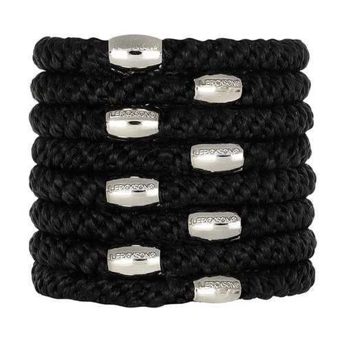 L. Erickson Grab & Go Pony - Black and Silver - 8 Pack Ponytail Holder Hair Ties - Silver Bead