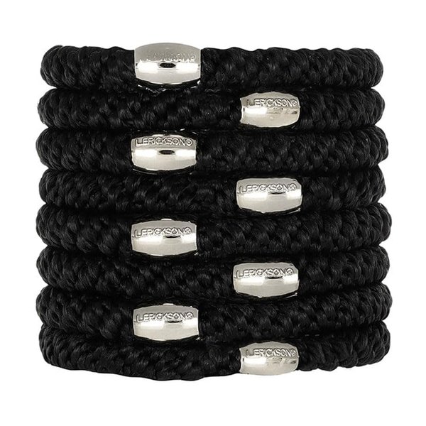 L. Erickson Grab & Go Pony - Black and Silver - 8 Pack Ponytail Holder Hair Ties - Silver Bead