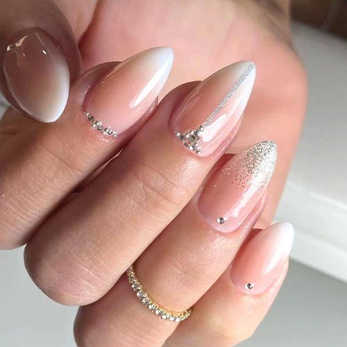 Short Press on Nails Almond - Light Pink&White Gradient Fake Nails Glitter Glue on Nails Full Cover Acrylic Nails Artificial Rhinestones Stick on Nails Glossy Short Almond Nails for Women 24 Pcs