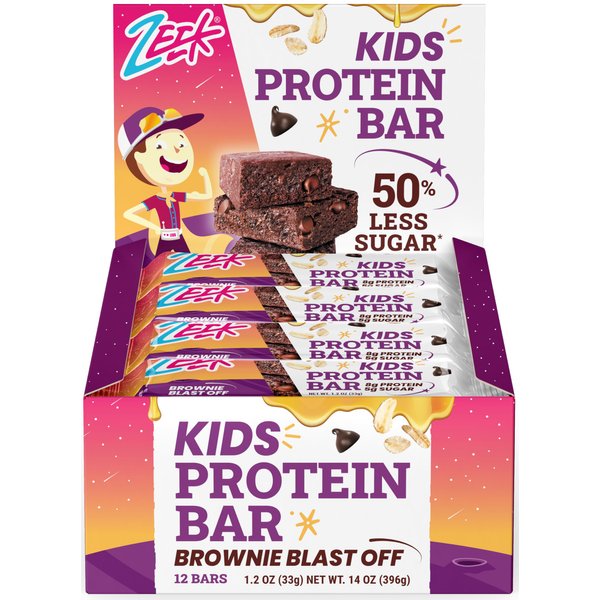 ZEEK BAR - Kids Protein Bars - 50% Less Sugar, 8g Protein - All Natural, Non-GMO, Gluten Free - Brownie Blast Off, 12 Count