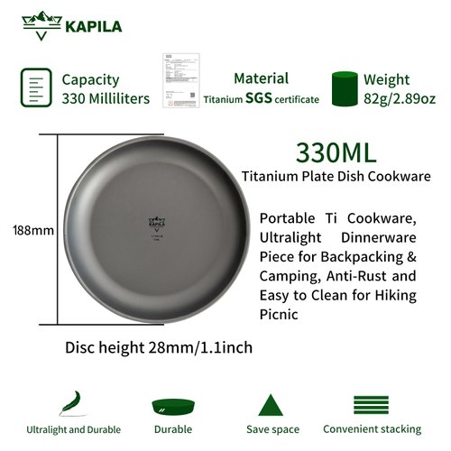 KAPILA Titanium Camping Plate, Dish, Portable Ti Cookware, Ultralight Dinnerware Piece for Backpacking & Camping, Anti-Rust and Easy to Clean for Hiking Picnic (330ml)