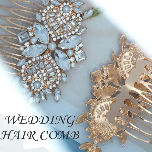 Wedding Bride Hair Comb Crystal Rhinestone Headpiece Pearl Bridal Hairpieces Sparkly Flower Bridesmaid Hair Combs Side Combs Hair Accessories for Women (Gold)