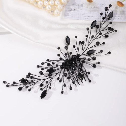 Missgrace Women Handmade Gothic Black Full Rhinestones Side Hair Comb Prom Party Special Occasion Punk Headpiece Black Women Rhinestones Hair Accessories for Women Gilrs (Black 2)