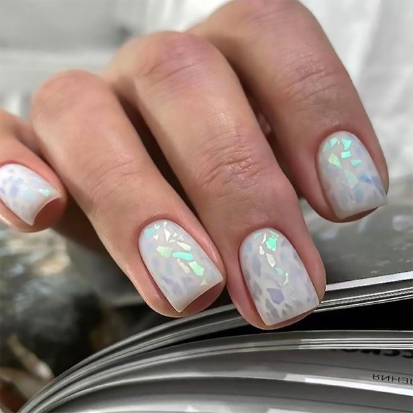 Short Square Press on Nails Aurora Irregular Pattern Designs Fake Nails Full Cover Stick on Nails Acrylic Stick on Nails Reusable Laser Artificial False Nails Glue on Nails for Women 24Pcs