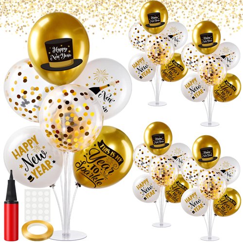 Hungdao 4 Set Happy New Year balloon Stand 2025 Happy New Year Table Centerpiece Decorations with 28 pcs New Years Black and Gold Balloons for New Years Eve Party Supplies