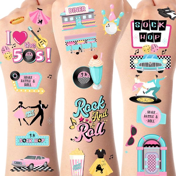 Serencatcher 144pcs 50's Theme Party Decorations Sock Hop Tattoos, 1950s Shake Rattle Rock and Roll Temporary Tattoos Stickers for Retro Props 50s Sock Hop Party Favors Theme Adult Birthday Party
