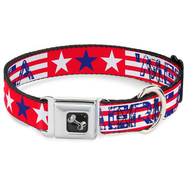 Dog Collar Seatbelt Buckle Merica Stripes Stars Red White Blue 13 to 18 Inches 1.5 Inch Wide