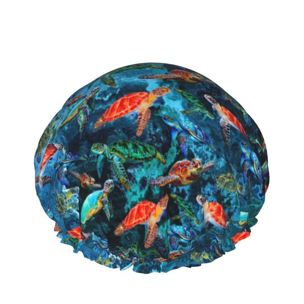 Sea Turtle Shower Cap For Women Adjustable Double Waterproof Layers Bathing Bath Cap Hair Protection Reusable Ladies Spa Salon Shower Hat
