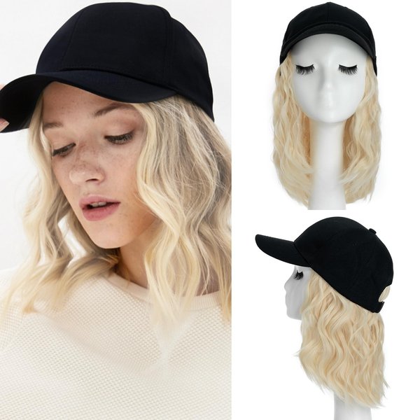 S-noilite Baseball Cap Wig with Hair Extensions 8" Short Curly Wavy Bob Hairstyle Adjustable Hats with Hair Attached for Women Synthetic Blonde Wavy Bob Hat Wigs(#613-Bleach Blonde)