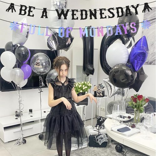 Wednesday Theme Party Banner Decorations, Glitter Full of Mondays Be a Wednesday Party Banner for Kids Birthday Party Decorations Gothic Birthday Banner for Wednesday Party Girls Cool Party Supplies
