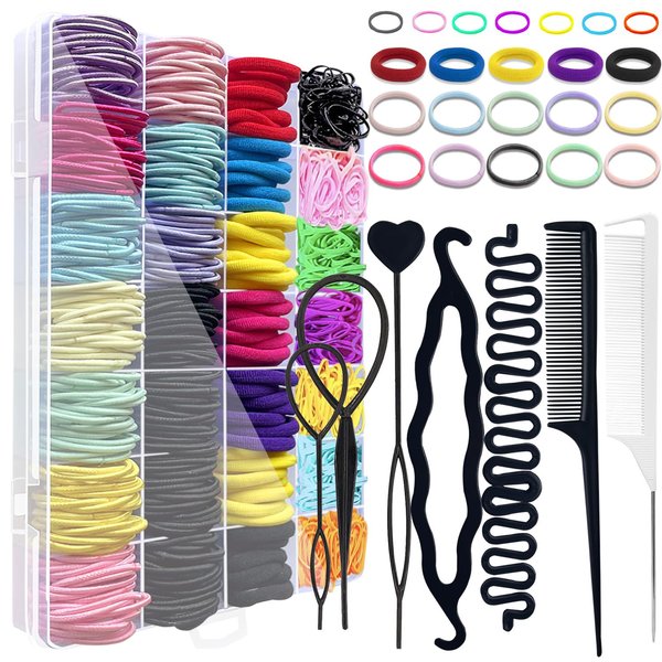 Mini Hair Bands Rubber Bands with Organizer Box, Soft Small Girl Hair Ties, Colorful Baby Rubber Bands Set Hair Tail Tools Rat Tail Comb for Kid Toddlers, Perfect for Braids, Ponytails Hairstyling