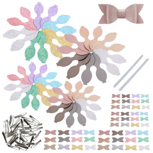 AOUXSEEM Faux Leather Hair Bows DIY Making Kit with Pre Cut Pieces and Hair Clips,Make Fashionable Shiny Hair Clips for Girls Lady Woman (Small & Medium Size,48 Set)